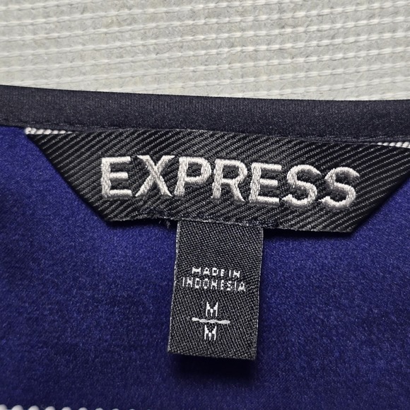 Express - Women's L Blouse Royal Blue with Black Trim V Neck Short Cuff Sleeve - Picture 4 of 10